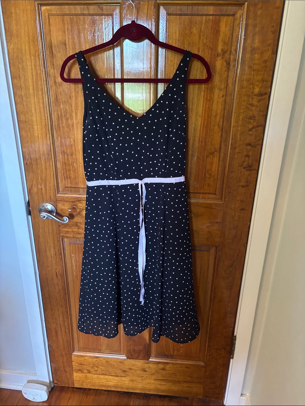 Black Polka Dot V-Neck Sundress with White Waist Tie